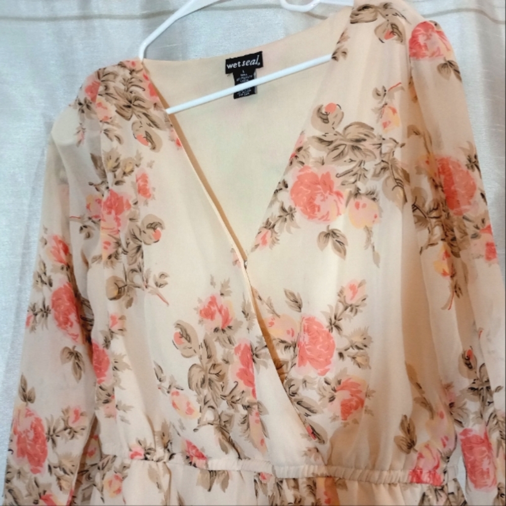 Wet Seal Vintage Romper, Long Sleeve Orange/Ivory/Green See thru Floral, L - Picture 4 of 13